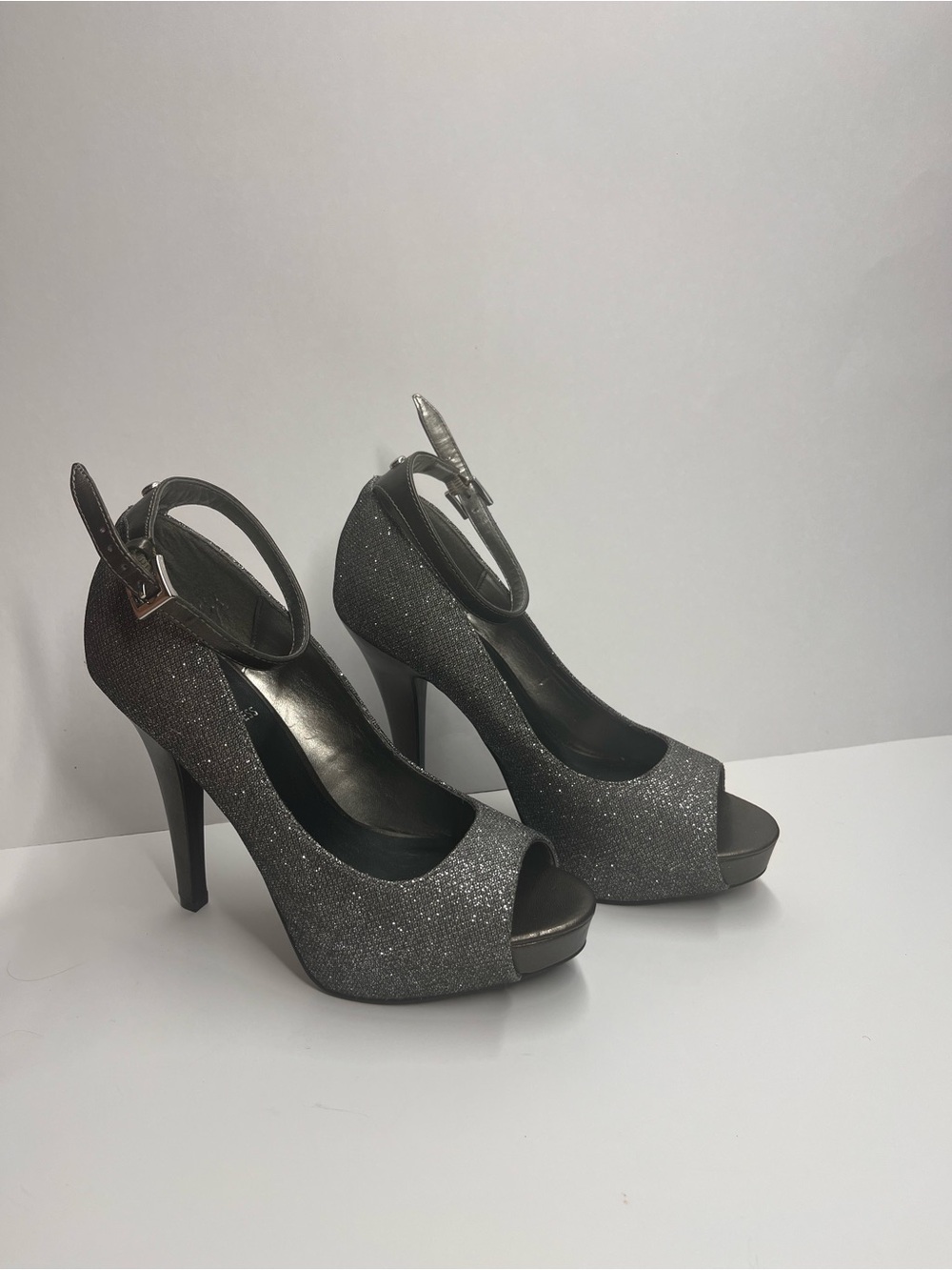 G by Guess Silver Glitter Peep-Toe Platform Heels with Ankle Strap